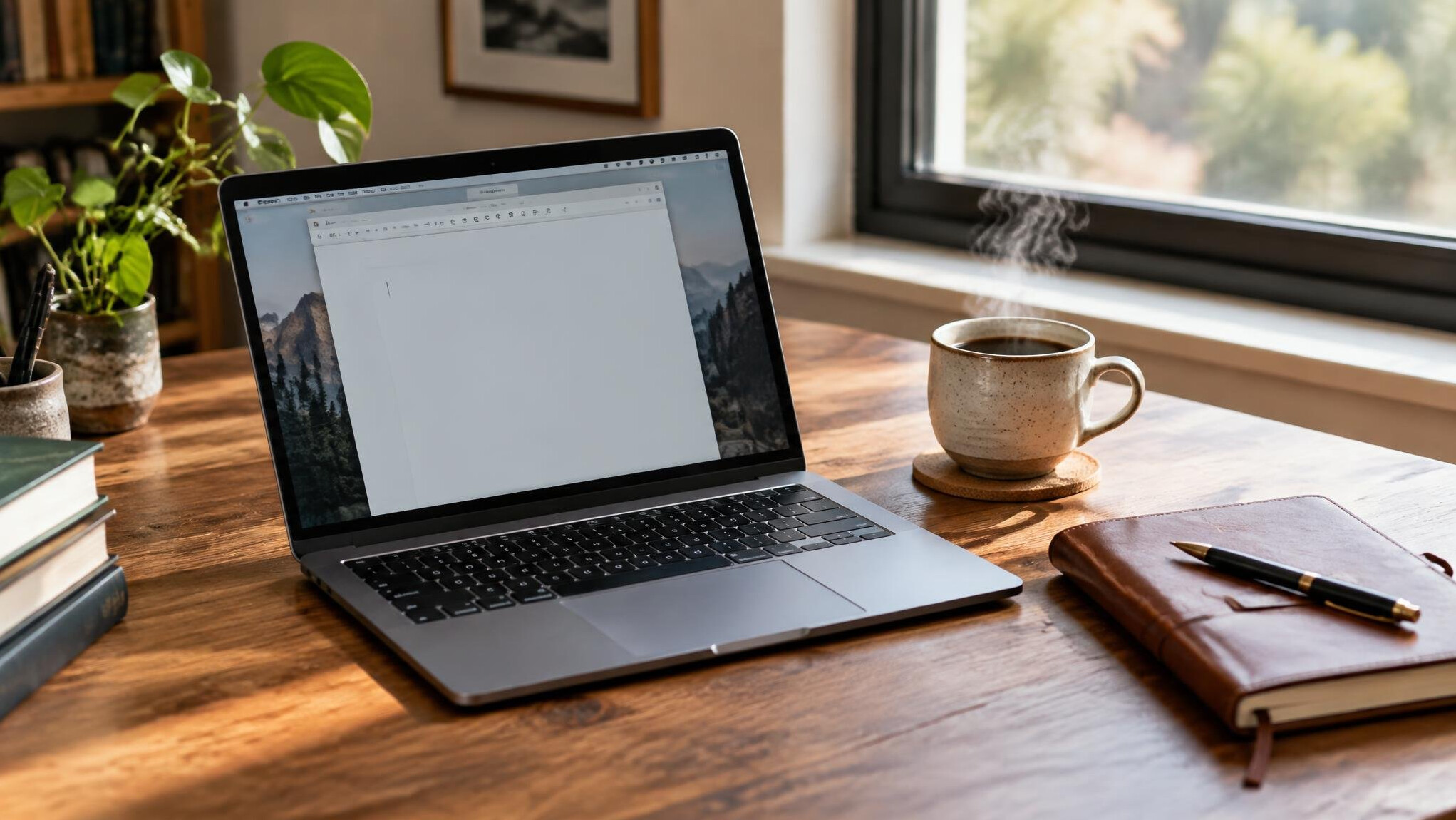 Laptop with a cup of coffee and notebook on a desk