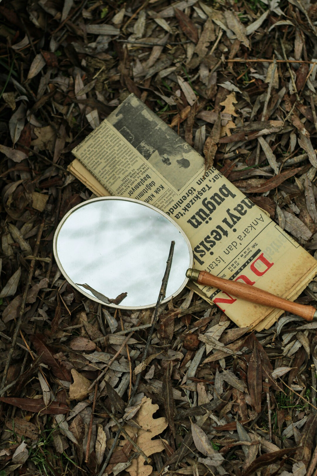 Open notebook with pen and magnifying glass on a wooden desk